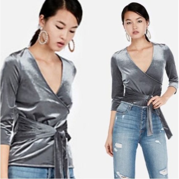 Express One Eleven XS Silver Gray Velvet Ribbed Wrap Shirt tie top blouse 0-2 - Picture 2 of 11